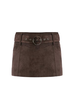 Brown suede mini skirt featuring a wide waistband with a circular buckle, decorative stitching, and two side pockets.