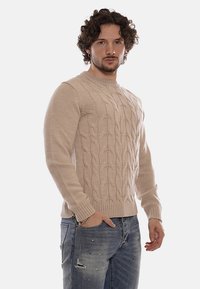 Uomo con capelli ricci che indossa un maglione beige a trecce e jeans blu strappati, in piedi con una mano in tasca su uno sfondo bianco.