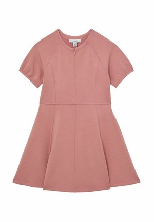 Rosa Kurzarmkleid mit rundem Ausschnitt, Reißverschluss und ausgestellt Rock. Glatter Stoff mit kontrastierenden Steppnähten.