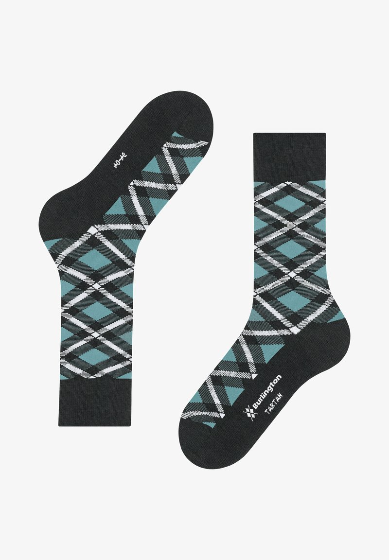 Chaussettes noires ornées d'un motif argyle turquoise, blanc et gris. Comprennent un logo sur le pied et une texture tricotée lisse.
