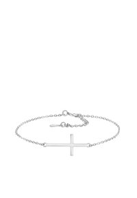 Bracciale in argento delicato con pendente a croce orizzontale e piccolo gancio a molla regolabile.