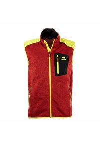 Rote Fleece-Weste mit gelben Akzenten, hohem Kragen, durchgehendem Reißverschluss, einer Brusttasche und seitlichen Reißverschlusstaschen. Strukturierte Oberfläche.