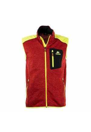 Rote Fleece-Weste mit gelben Akzenten, hohem Kragen, durchgehendem Reißverschluss, einer Brusttasche und seitlichen Reißverschlusstaschen. Strukturierte Oberfläche.