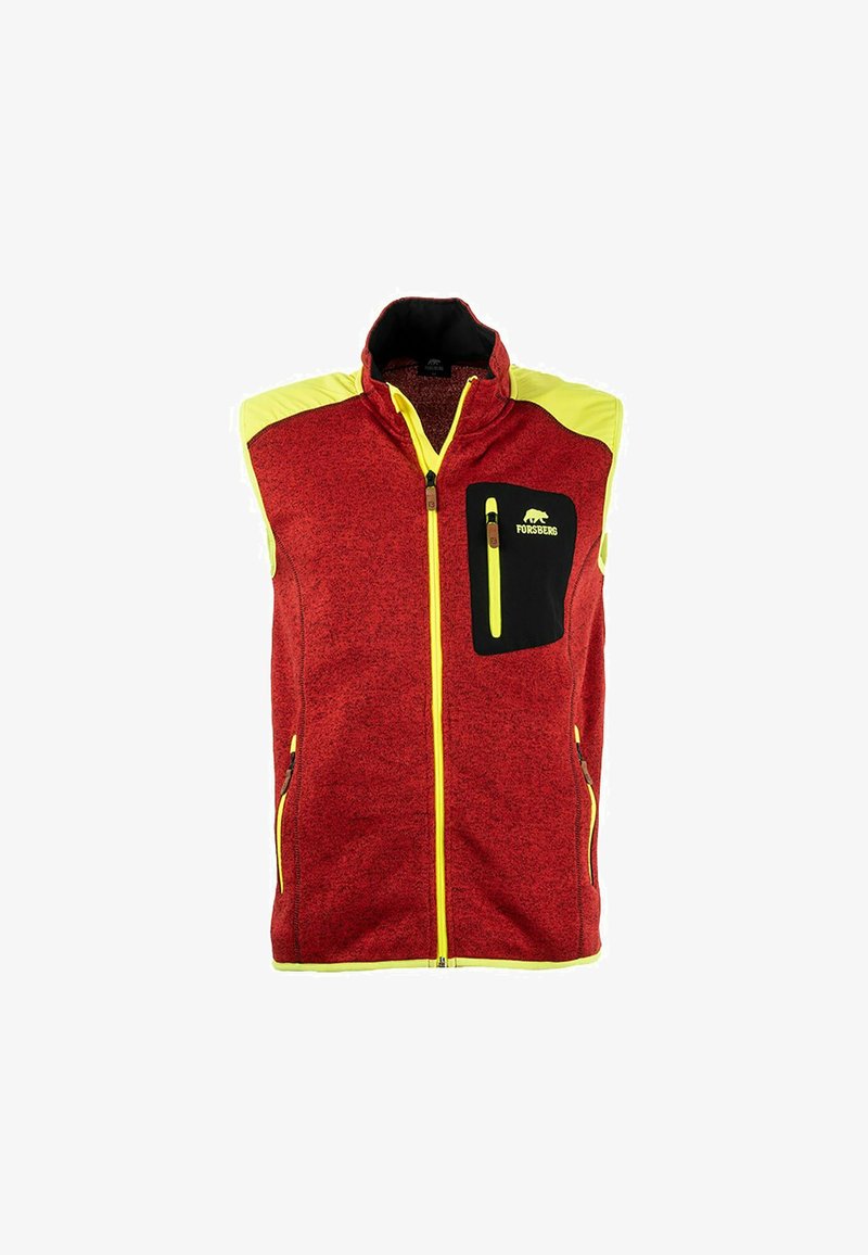 Rote Fleece-Weste mit gelben Akzenten, hohem Kragen, durchgehendem Reißverschluss, einer Brusttasche und seitlichen Reißverschlusstaschen. Strukturierte Oberfläche.