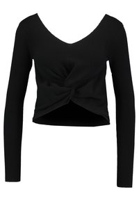 Svart långärmad topp med ribbat mönster, djup V-ringning och vriden knutdetalj fram. Kort längd.