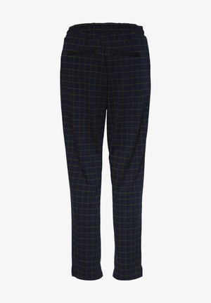 Námořnické kalhoty s mřížkovým vzorem, představující elastický pas a dvě zadní kapsy. Materiál vypadá měkký s hladkým povrchem.