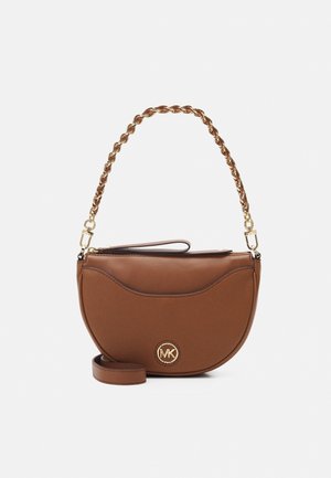 Brown leather half-moon handbag with gold chain handle, detachable strap, and circular MK logo on front.