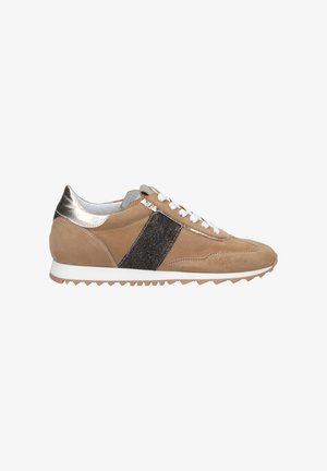 Brown suede sneaker featuring a metallic silver heel and a black textured stripe. White laces and a rubber sole with traction pattern.