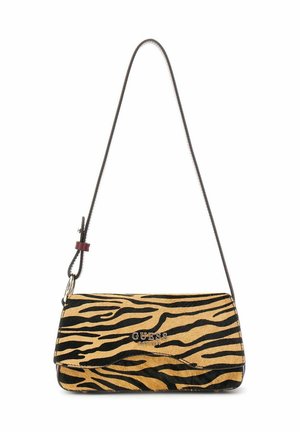 Sac à main rayé tigre en fausse fourrure jaune et noire, avec une forme rectangulaire, une bandoulière et des accessoires en argent avec détail du logo.