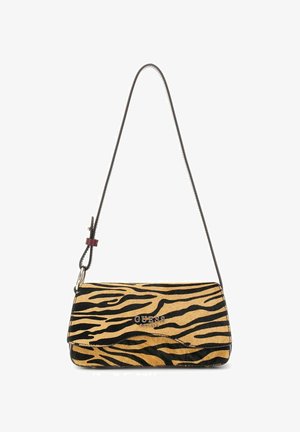 Sac à main rayé tigre en fausse fourrure jaune et noire, avec une forme rectangulaire, une bandoulière et des accessoires en argent avec détail du logo.
