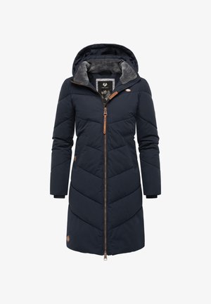 Donkerblauwe donsjas met capuchon, voorzien van een ritssluiting, chevron-gewatteerd patroon en een voering van nepbont. Voorzien van leren accenten en zijzakken.