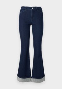 Jean évasé bleu foncé en denim avec taille haute. Présente un large revers en denim clair à l'ourlet. Conception à cinq poches avec fermoir à bouton.