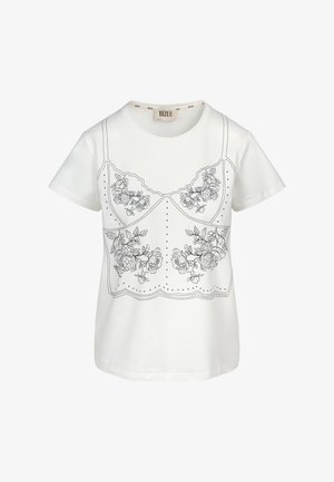 Witte T-shirt met korte mouwen en een zwarte bloemenprint op het lijfje die lijkt op een korset, met kleine decoratieve stippen.