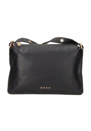 Borsa a tracolla rettangolare in pelle nera con cerniera dorata, dettagli dorati e logo "BIASIA" impresso in oro al centro frontale.