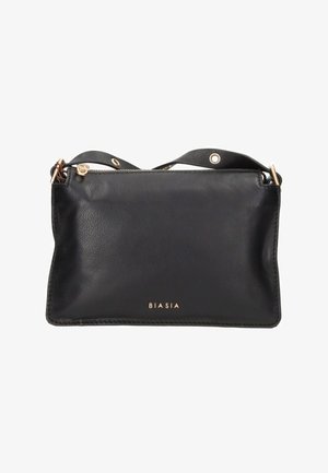 Borsa a tracolla rettangolare in pelle nera con cerniera dorata, dettagli dorati e logo "BIASIA" impresso in oro al centro frontale.