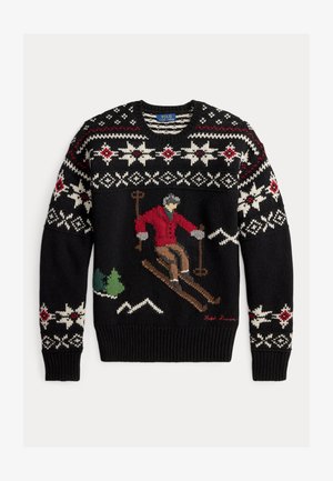 Camisola preta de malha com uma cena de esqui em tons de vermelho, verde e castanho. O design é decorado com flocos de neve e padrões de montanha em branco e vermelho.