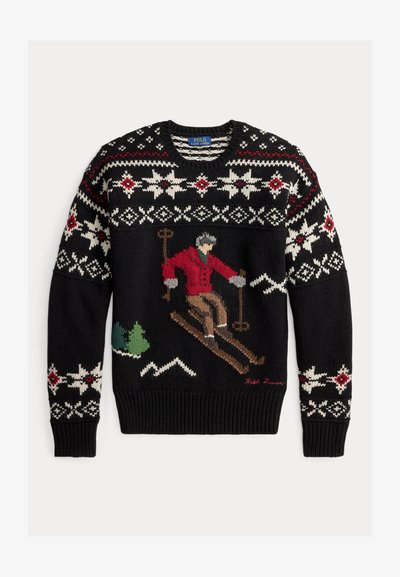 Μαύρο πλεκτό πουλόβερ με σκηνή σκι σε κόκκινους, πράσινους και καστανά τόνους. Σχέδια με νιφάδες χιονιού και βουνά σε λευκό και κόκκινο διακοσμούν το μοτίβο.