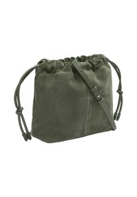 Borsa a tracolla verde in suede con cordoncino, strap regolabile, texture morbida, parte superiore arricciata e design minimalista. Adatta per un uso casual.