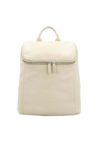 Cream leather backpack with a structured design, top handle, and a front zipper closure. Smooth texture and minimalist branding detail.