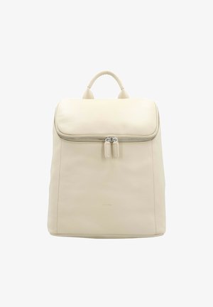 Cream leather backpack with a structured design, top handle, and a front zipper closure. Smooth texture and minimalist branding detail.