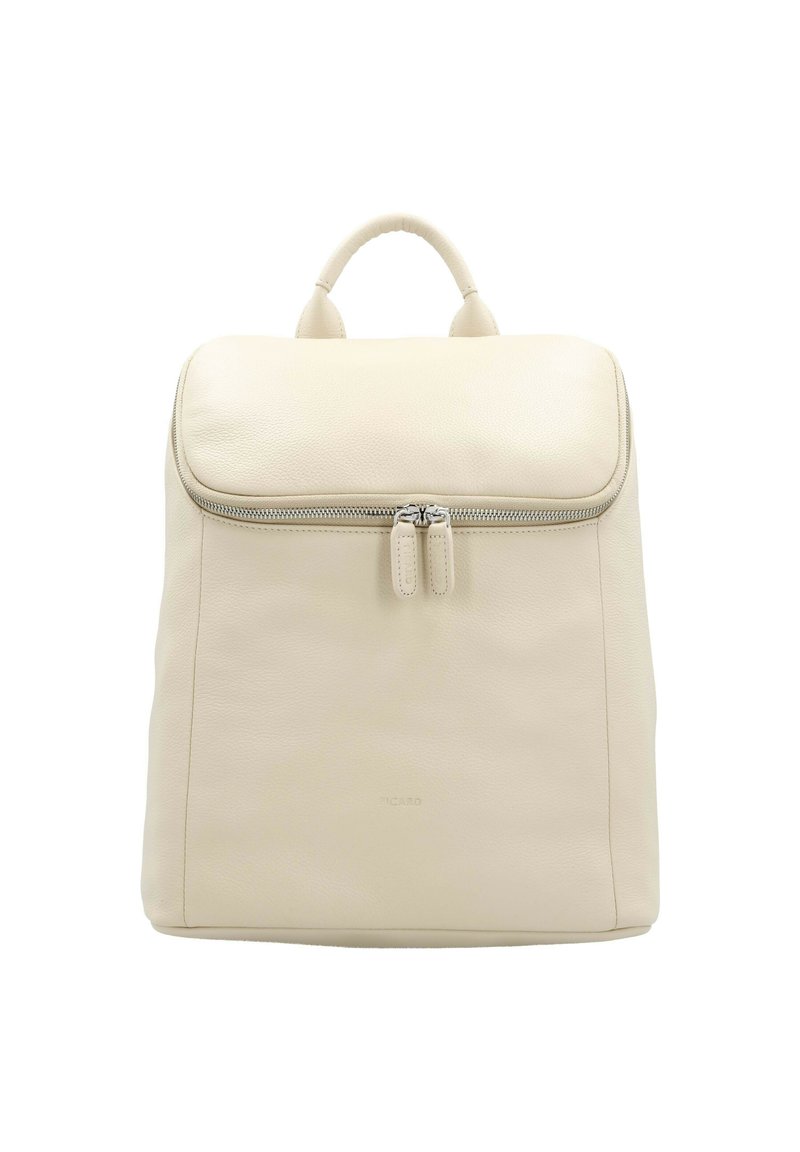 Cream leather backpack with a structured design, top handle, and a front zipper closure. Smooth texture and minimalist branding detail.