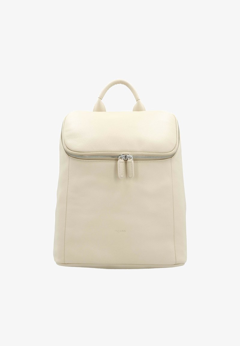 Cream leather backpack with a structured design, top handle, and a front zipper closure. Smooth texture and minimalist branding detail.