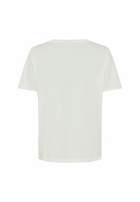 Hvid kortærmet t-shirt, rund halsudskæring, blødt stof, afslappet pasform, enkelt design, har en lille søm detalje på ryggen, ingen mønstre eller grafik.
