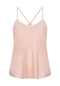 Lichtroze satijnen camisole met dunne verstelbare bandjes, een ronde halslijn en een vloeiende A-lijnsilhouet. Gladde textuur en schone randen.