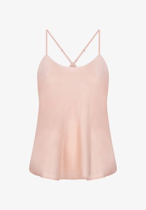Lichtroze satijnen camisole met dunne verstelbare bandjes, een ronde halslijn en een vloeiende A-lijnsilhouet. Gladde textuur en schone randen.