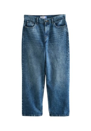 Blue denim jeans with a relaxed fit, featuring a slightly distressed finish and subtle perforation detail on the side. Classic five-pocket design.