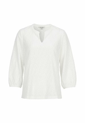 Weiße Bluse mit Lochstickerei, dreiviertellangen Puffärmeln und einem kleinen V-förmigen Ausschnitt, versehen mit einem zarten floralen Cut-out-Muster.