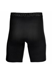 Shorts sportivi neri realizzati in tessuto elasticizzato, con una superficie liscia e un cinturino elastico con la scritta "UNDER".