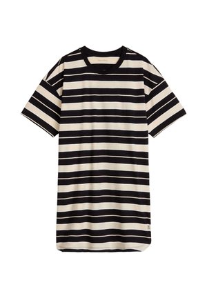 Kurzärmliges T-Shirt mit schwarzen und cremefarbenen horizontalen Streifen, rundem Ausschnitt, kleinem Logo nahe dem Saum auf weißem Hintergrund.