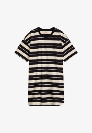 Maglietta a maniche corte con righe orizzontali nere e crema, scollo tondo, piccolo logo vicino all'orlo su sfondo bianco.