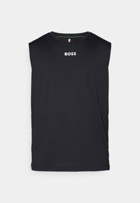 T-shirt sans manches noir en coton, avec un col rond et un logo "BOSS" blanc sur la poitrine. Design simple et minimaliste.