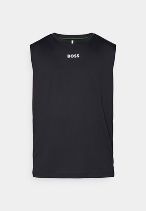 T-shirt sans manches noir en coton, avec un col rond et un logo "BOSS" blanc sur la poitrine. Design simple et minimaliste.