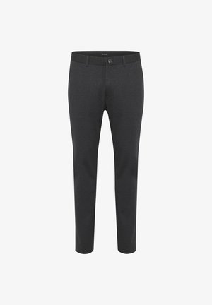 Grau-schwarze Hose mit einer schmalen Passform, glatter Textur und Knopfverschluss. Verfügt über einen Gürtelschlaufenbund und Seitentaschen.