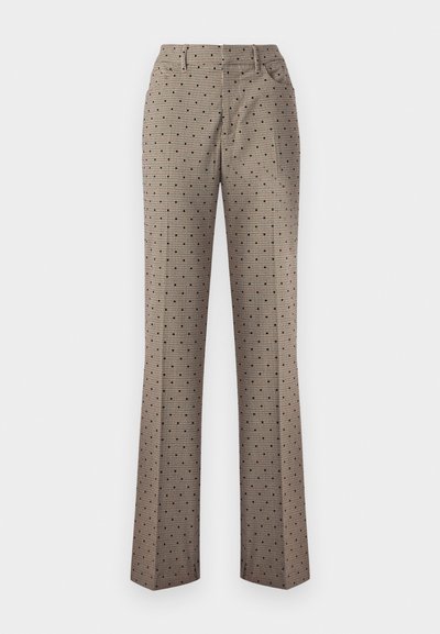 Beige ruudulised püksid mustade täppidega, sirge jala disain, üks tagatasku ja vöökoht, valmistatud tekstuurilisest kootud kangast.