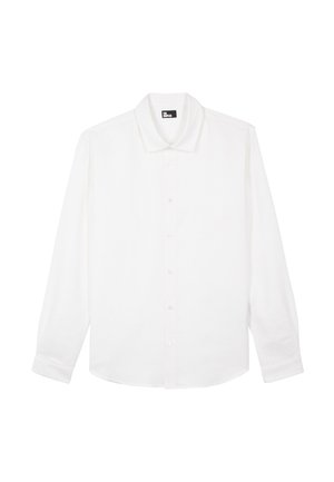 Weißes langärmliges Hemd mit Knöpfen, spitzem Kragen und Manschetten, flach auf weißem Hintergrund präsentiert.