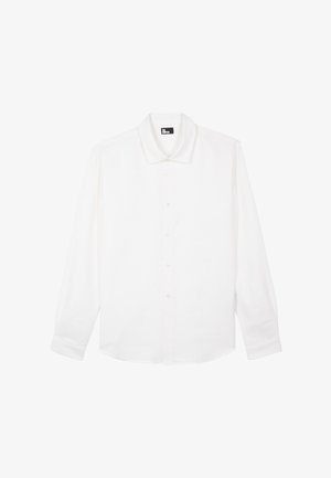 White long-sleeve button-up shirt with pointed collar and cuffs, displayed flat against a white background.