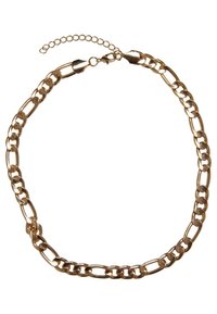 Collier en chaîne dorée avec des maillons entrelacés, une finition polie et un fermoir à mousqueton avec une extension de chaîne réglable.