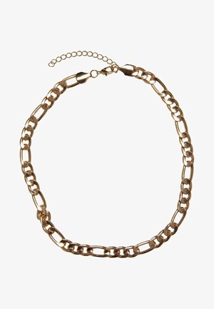 Arany tónusú láncnyaklánc, amely összekapcsolt gyűrűkből áll, fényes felülettel, valamint homár csattal és állítható lánc hosszabbítással.