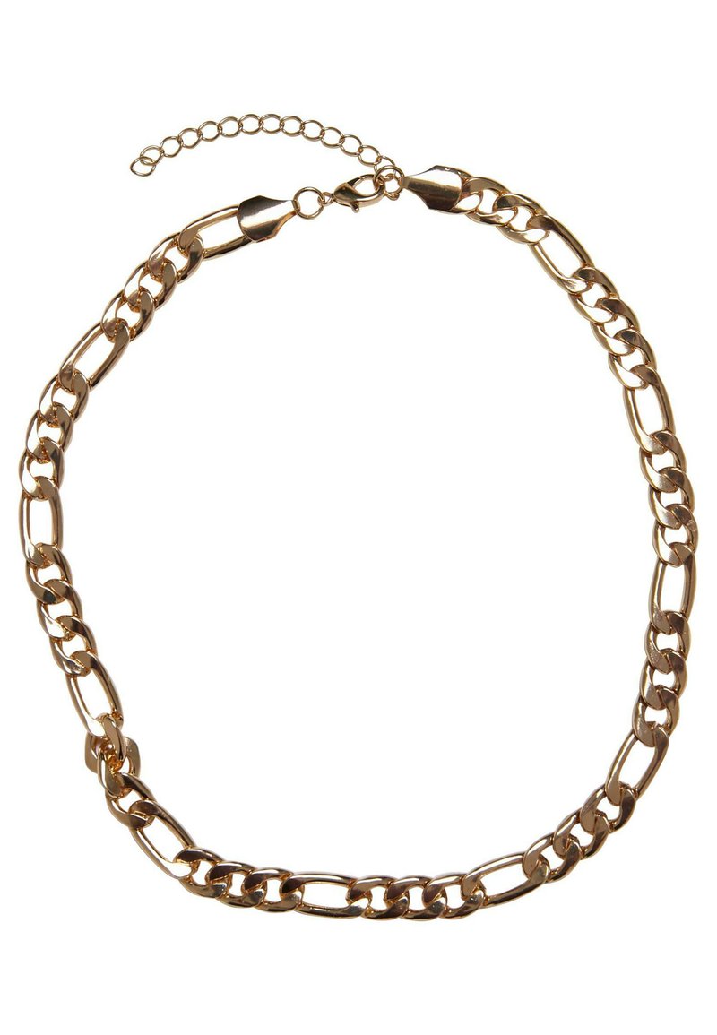 Collier en chaîne dorée avec des maillons entrelacés, une finition polie et un fermoir à mousqueton avec une extension de chaîne réglable.