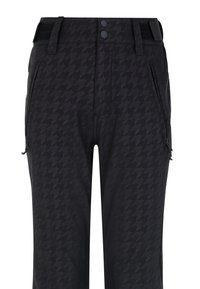 Pantalons noirs en matière texturée avec un motif pied-de-poule. Deux poches latérales zippées et des fermetures à boutons à la taille.