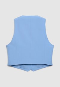 Hellblaues ärmelloses Weste aus glattem Stoff, mit sauberen Nähten und einem abgerundeten Saum hinten. Keine sichtbaren Verschlüsse.