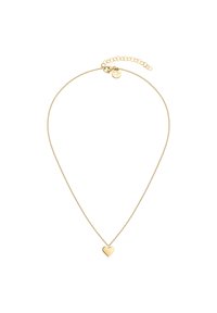 Goldplattierte Halskette mit feiner Kette und einem polierten Herzanhänger. Verfügt über einen kleinen runden Charme, der am Verschluss befestigt ist.