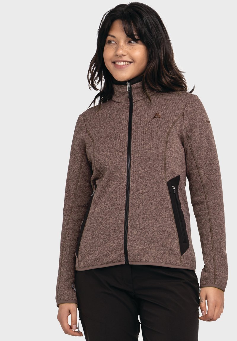Braune strukturierte Zip-Jacke mit hohem Kragen, schwarzen Akzentpaneelen, Seitentaschen und kontrastierenden Nähten.