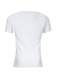 T-shirt blanc à manches courtes en coton lisse, avec un col rond et une coupe ajustée sans motifs ni accents visibles.