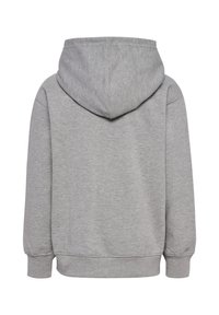 Grå hoodie gjord av mjukt tyg, med justerbar huva, långa ärmar och ribbade muddar och nederkant. Enfärgad design, inga mönster eller detaljer.