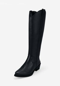 Bota alta de cuero negro hasta la rodilla con punta afilada, leve tacón, costuras decorativas y cierre con cremallera en el lateral. Textura suave.